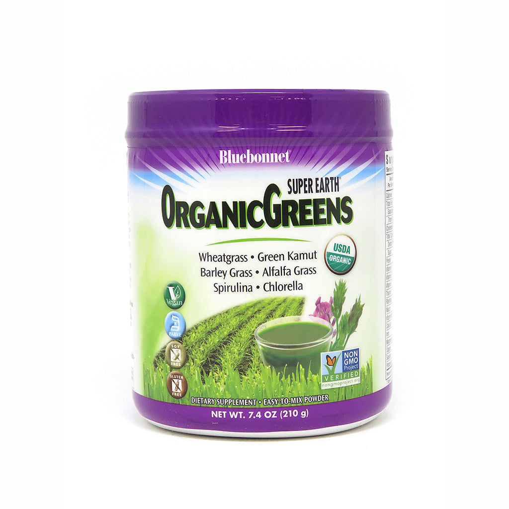 A jar of Bluebonnet Super Earth® OrganicGreens Powder