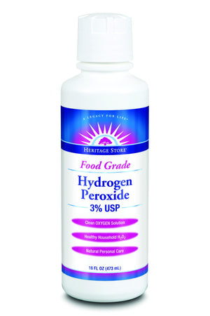 A bottle of Heritage Store Hydrogen Peroxide 3%