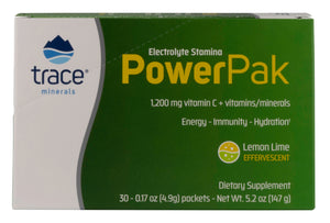 A package of Trace Minerals Electrolyte Stamina Power Pak NON-GMO Lemon Lime