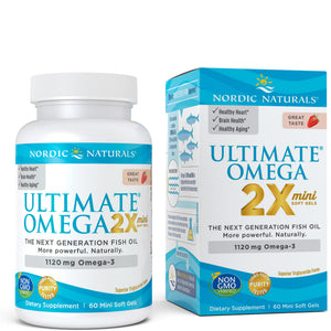 A bottle and package of Nordic Naturals Ultimate Omega® 2X Mini 
