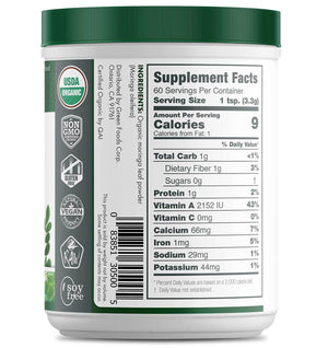 Side of jar with Supplemental facts for Green Foods Moringa Leaf Powder