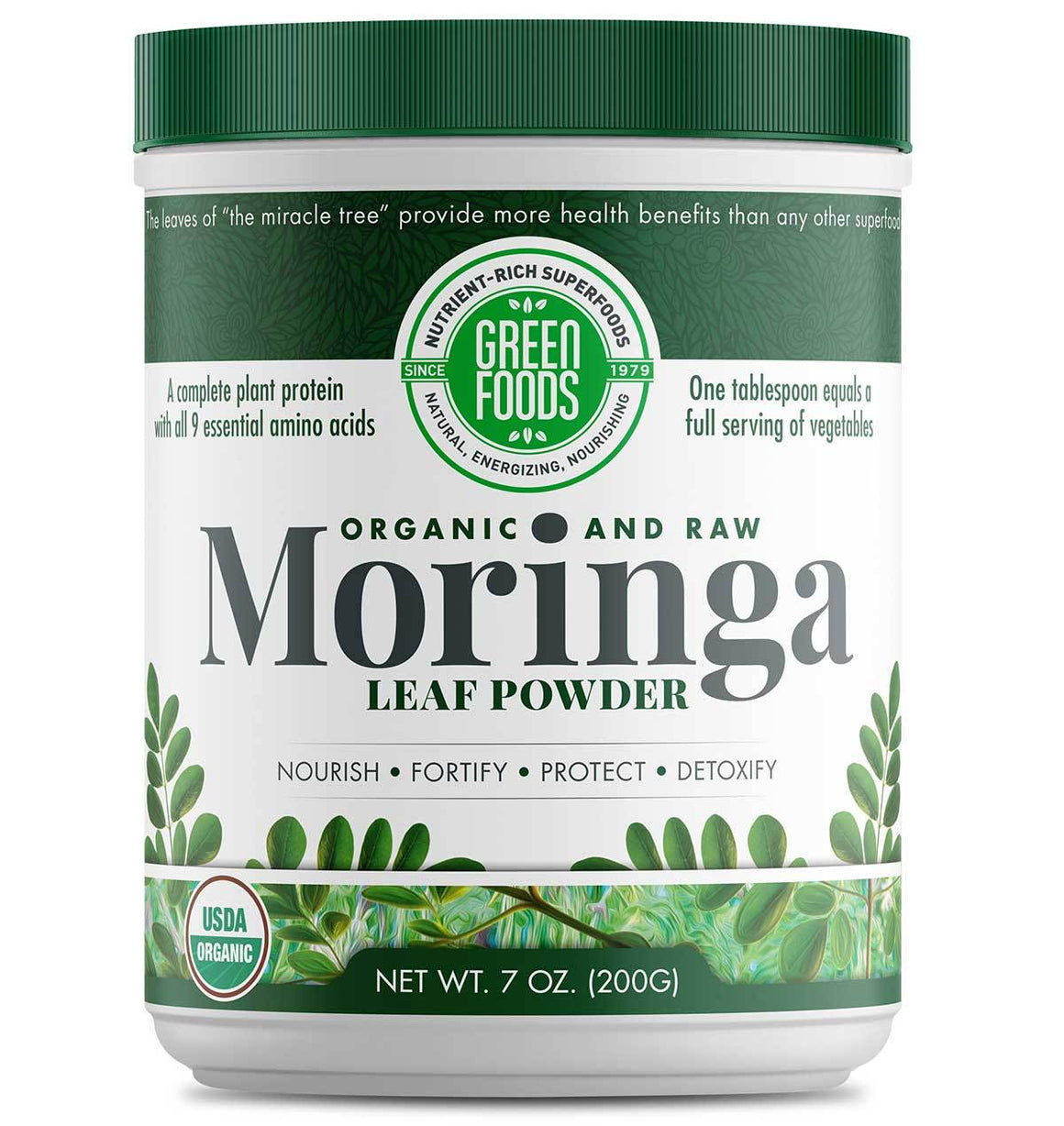 A jar of Green Foods Moringa Leaf Powder