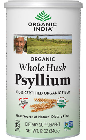 A jar of Organic India Whole Husk Psyllium 12 oz