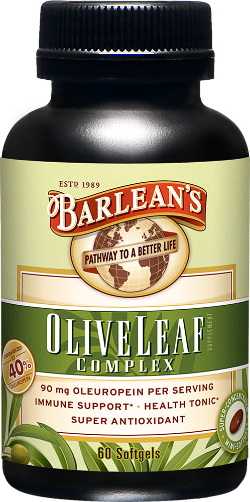 A bottle of Barleans Olive Leaf Complex Softgels