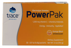 A package of Trace Minerals Electrolyte Stamina Power Pak NON-GMO Orange Blast