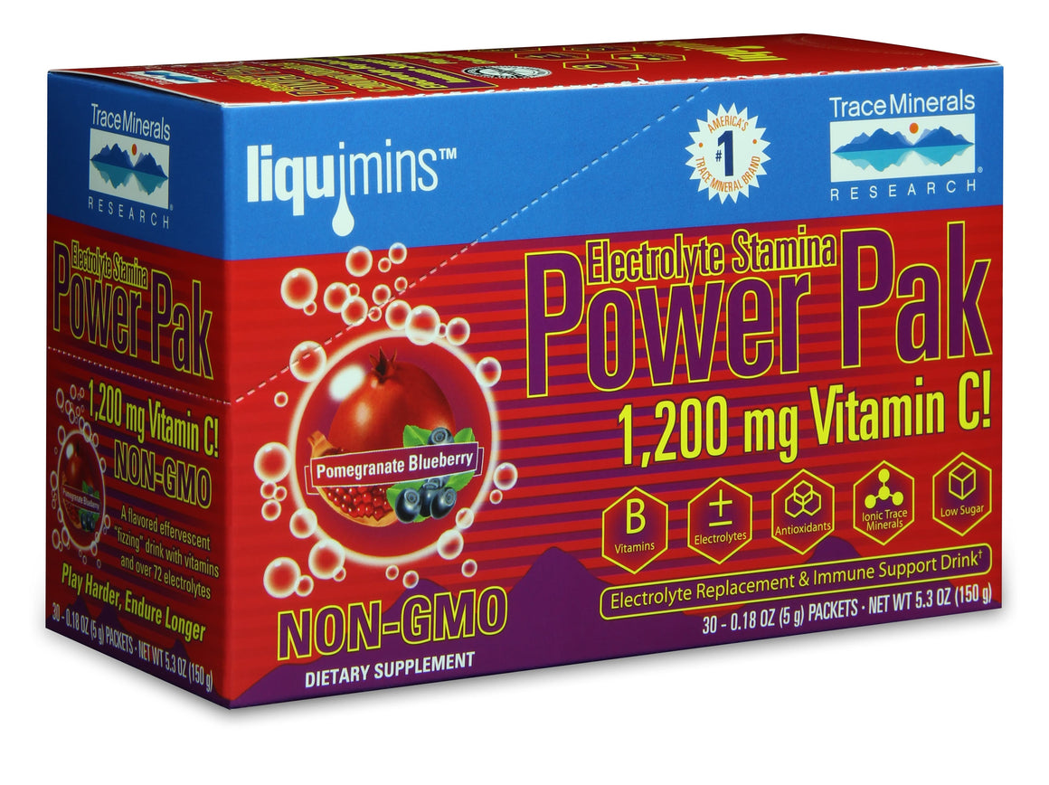 A package of Trace Minerals Electrolyte Stamina Power Pak NON-GMO Pomegranate - Blueberry