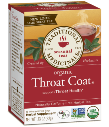 A box of Traditional Medicinals Organic Throat Coat® Tea