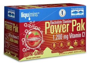 A package of Trace Minerals Electrolyte Stamina Power Pak NON-GMO Raspberry