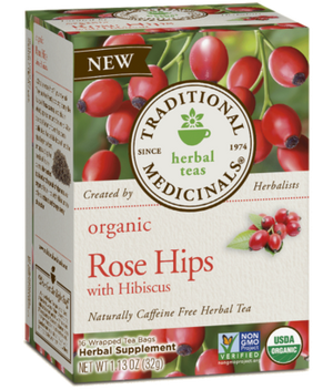 A box of Traditional Medicinals Organic Rose Hips with Hibiscus Tea