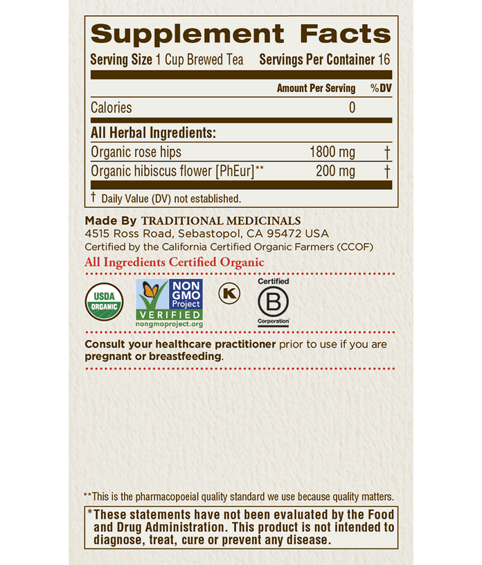 A box of Traditional Medicinals Organic Rose Hips with Hibiscus Tea