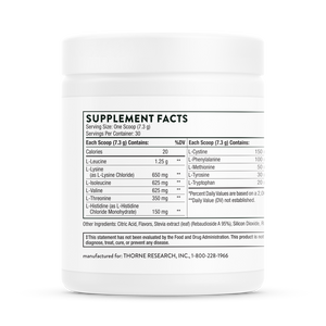 The back of the jar with supplement facts for Thorne Amino Complex