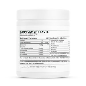 The back of the jar with supplement facts for Thorne Amino Complex