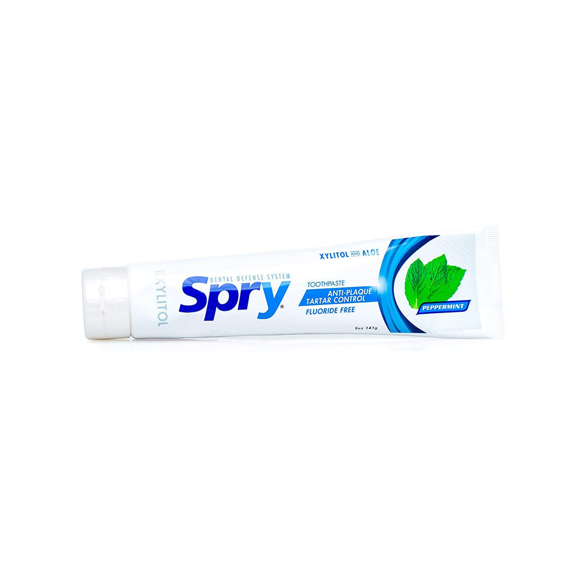 A tube of Spry Toothpaste Peppermint No Fluoride