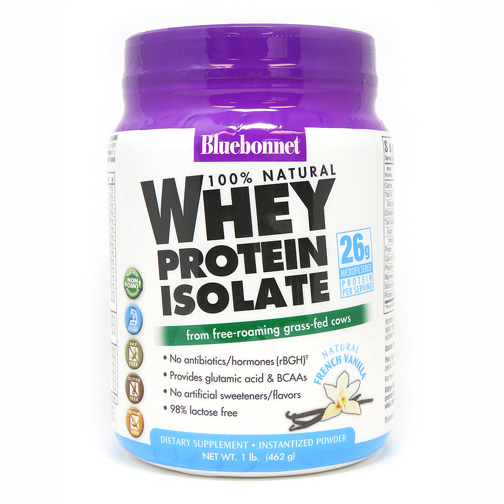 A bottle of Bluebonnet Whey Protein Isolate Powder French Vanilla