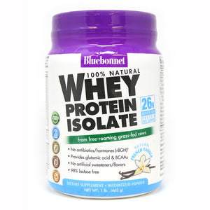 A bottle of Bluebonnet Whey Protein Isolate Powder French Vanilla