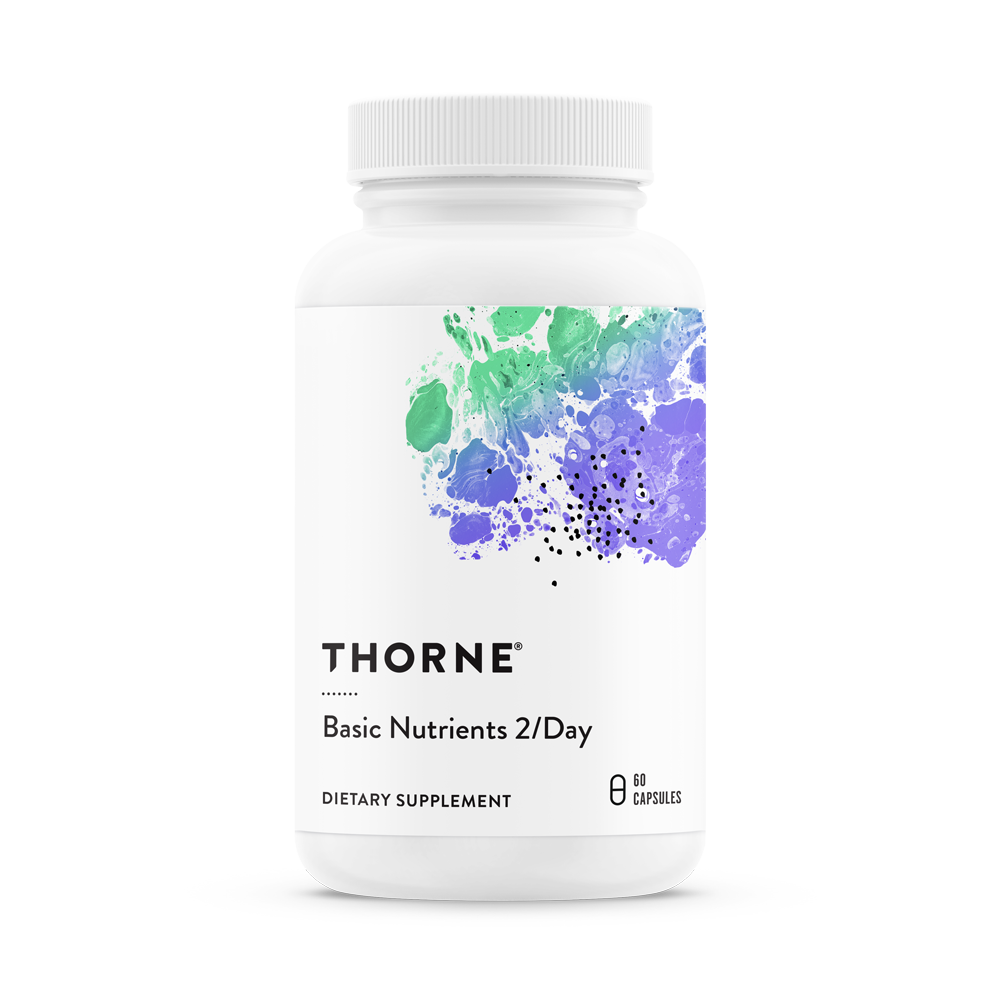 A bottle of Thorne Basic Nutrients 2/Day - NSF Certified for Sport